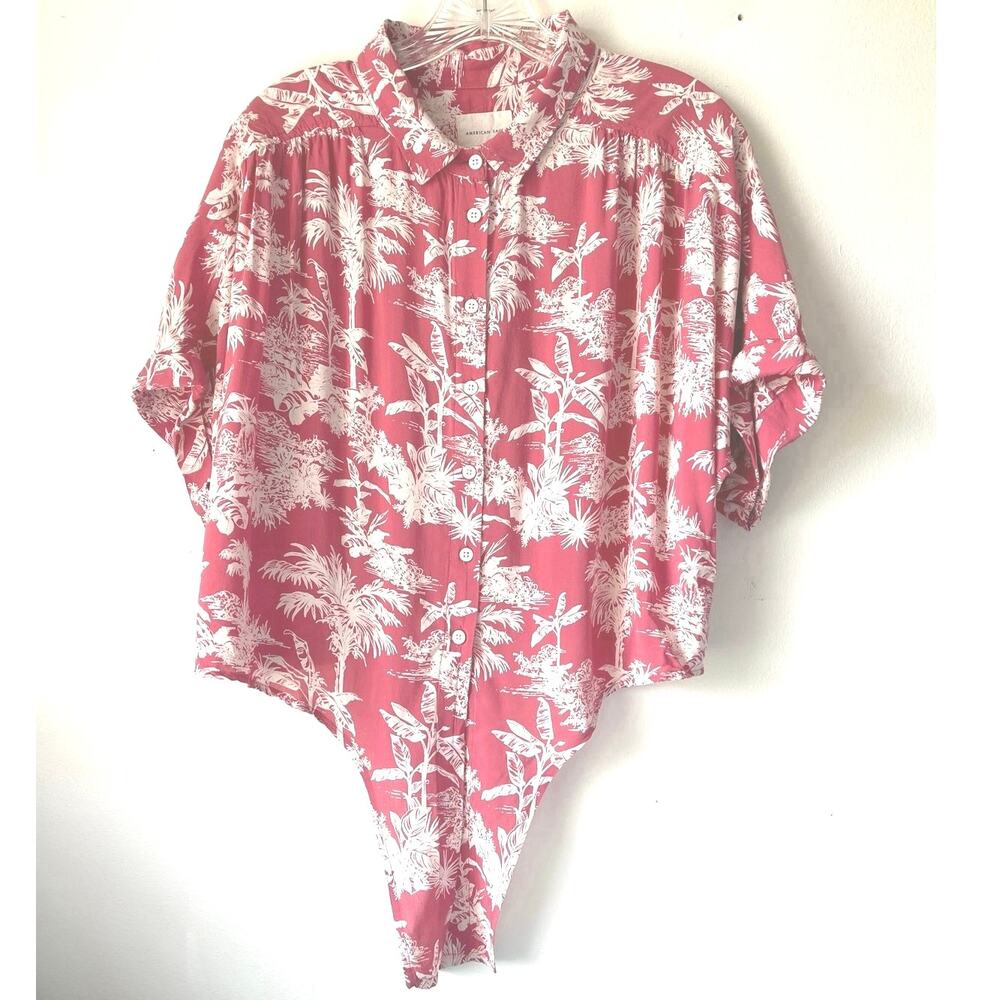 American Eagle Cropped Hawaiian Shirt Womens Size L Casual Coquette Tropical - Picture 4 of 14